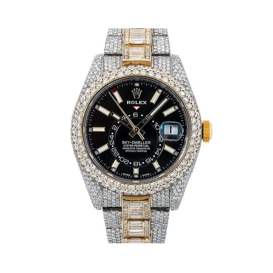 Rolex Sky-Dweller 42MM 326933 Black Dial Diamond Bezel Two Tone Yellow Gold Full Diamond Oyster Bracelet 31.5ct