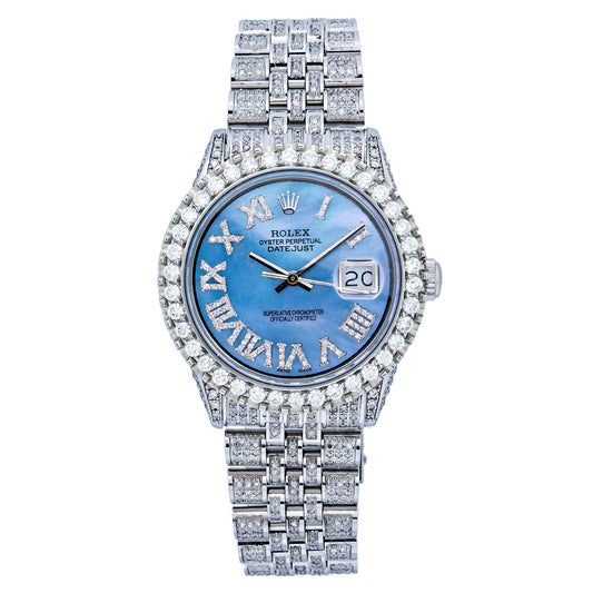 Rolex Datejust 36MM 1601 Blue Mother of Pearl Roman Diamond Dial Diamond Bezel Stainless Steel Full Diamond Jubilee Bracelet 9.25ct