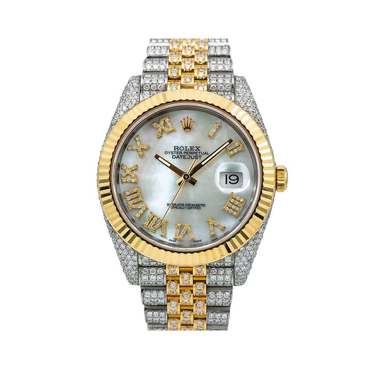 Rolex Datejust 41MM 126333 Mother of Pearl Roman Diamond Dial Fluted Bezel Two Tone Yellow Gold Full Diamond Jubilee Bracelet