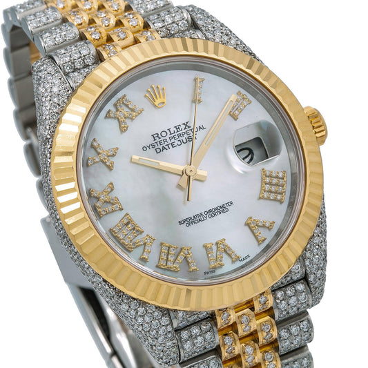 Rolex Datejust 41MM 126333 Mother of Pearl Roman Diamond Dial Fluted Bezel Two Tone Yellow Gold Full Diamond Jubilee Bracelet