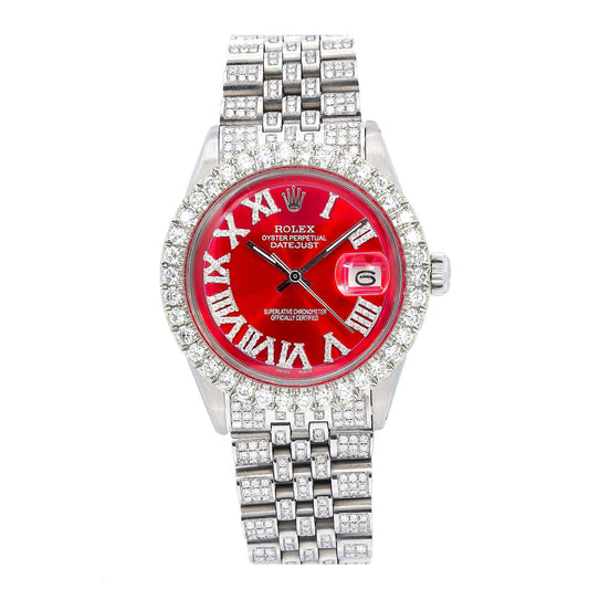Rolex Datejust 36MM 1601 Red Roman Diamond Dial Diamond Bezel Stainless Steel Full Diamond Jubilee Bracelet 7.75ct
