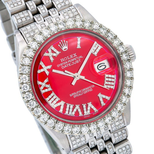 Rolex Datejust 36MM 1601 Red Roman Diamond Dial Diamond Bezel Stainless Steel Full Diamond Jubilee Bracelet 7.75ct