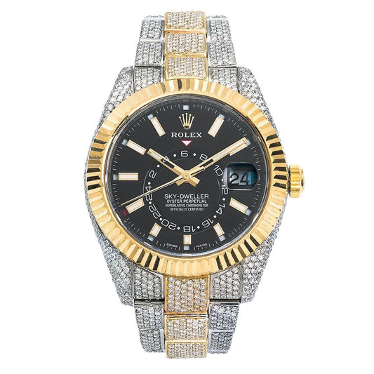 Rolex Sky-Dweller 42MM 326933 Black Dial Fluted Bezel Two Tone Yellow Gold Full Diamond Oyster Bracelet 21.5ct