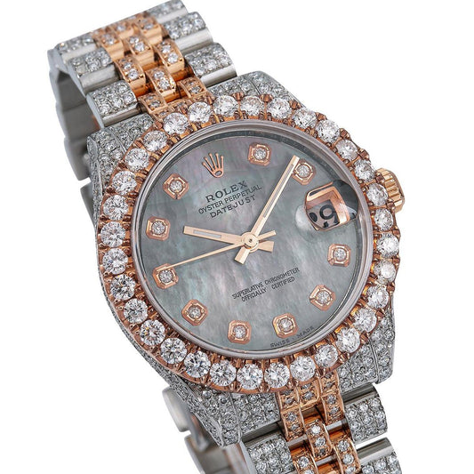 Rolex Datejust 31MM 178271 Black Mother of Pearl Diamond Dial Diamond Bezel Two Tone Rose Gold Full Diamond Jubilee Bracelet