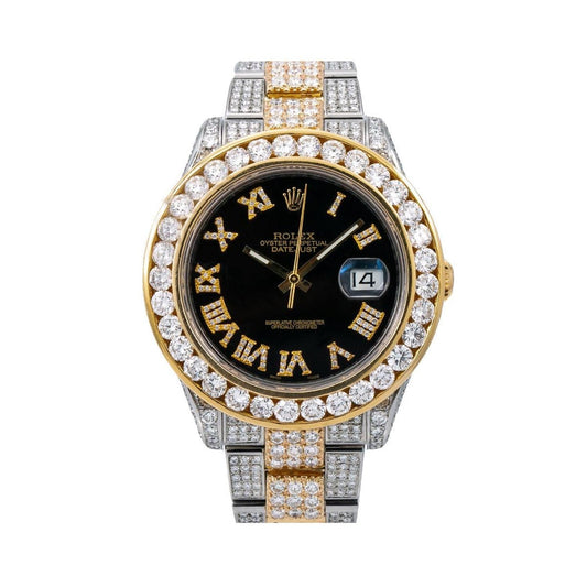Rolex Datejust II 41MM 116333 Black Roman Diamond Dial Diamond Bezel Two Tone Yellow Gold Full Diamond Oyster Bracelet 16.25ct