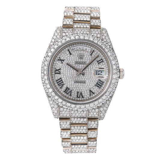 Rolex Day-Date II 41MM 218239 Diamond Paved Roman Dial Diamond Bezel 18K White Gold Full Diamond President Bracelet