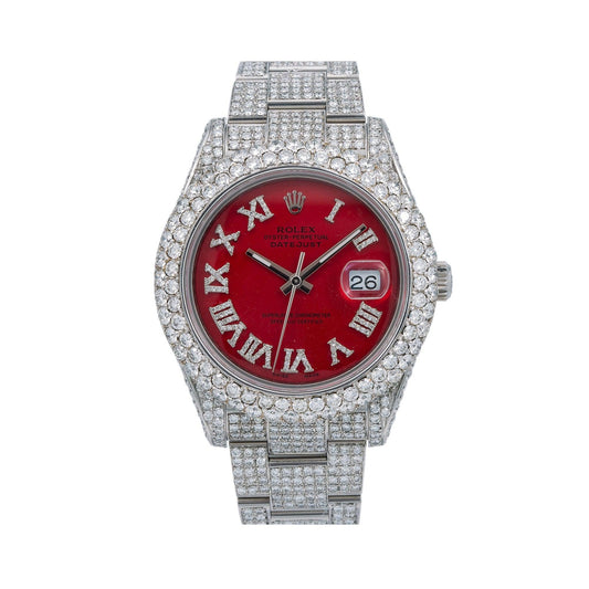 Rolex Datejust 41MM 116300 Red Roman Diamond Dial Diamond Bezel Stainless Steel Full Diamond Oyster Bracelet