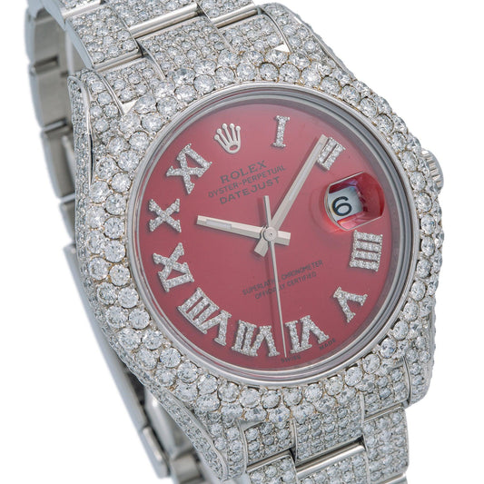 Rolex Datejust 41MM 116300 Red Roman Diamond Dial Diamond Bezel Stainless Steel Full Diamond Oyster Bracelet