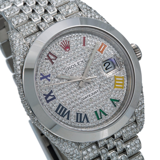 Rolex Datejust 41MM 126333 Diamond Paved Rainbow Roman Dial Smooth Bezel Stainless Steel Full Diamond Jubilee Bracelet