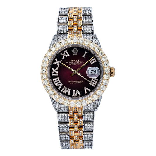 Rolex Datejust 36MM 16233 Red Roman Diamond Dial Diamond Bezel Two Tone Yellow Gold Full Diamond Jubilee Bracelet