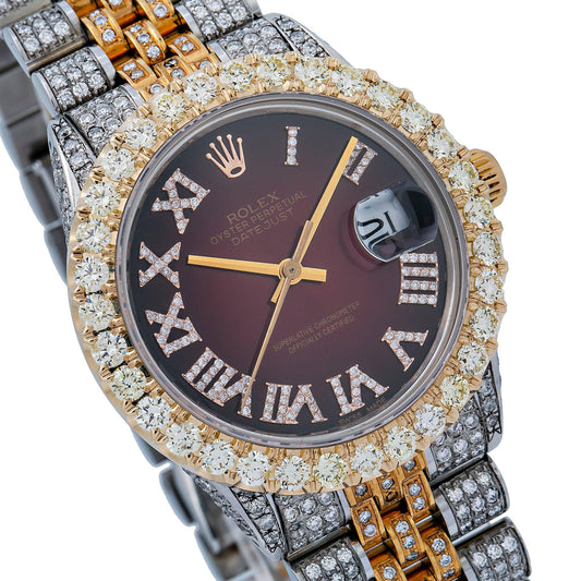 Rolex Datejust 36MM 16233 Red Roman Diamond Dial Diamond Bezel Two Tone Yellow Gold Full Diamond Jubilee Bracelet