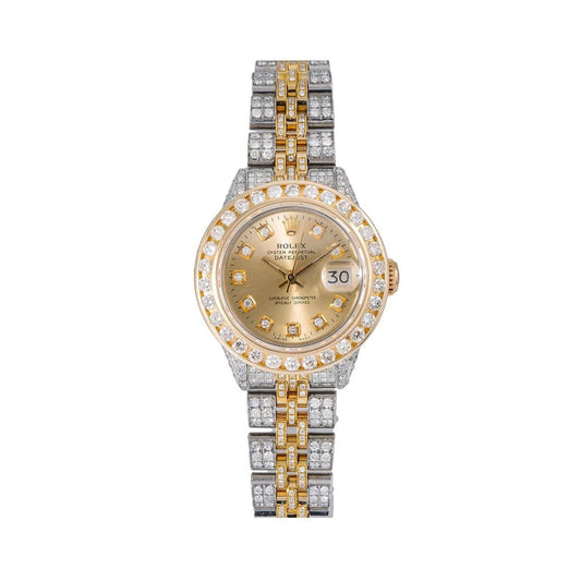 Rolex Datejust 26MM 69173 Champagne Diamond Dial Diamond Bezel Two Tone Yellow Gold Full Diamond Jubilee Bracelet
