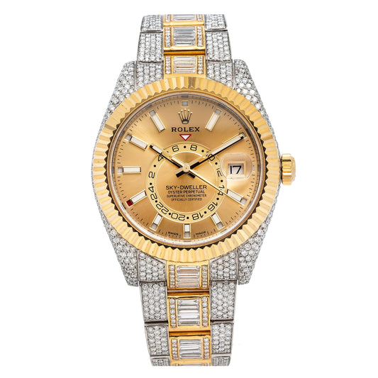 Rolex Sky-Dweller 42MM 326933 Champagne Dial Fluted Bezel Two Tone Yellow Gold Full Diamond Oyster Bracelet 25.87ct