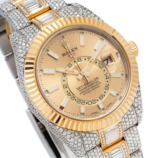 Rolex Sky-Dweller 42MM 326933 Champagne Dial Fluted Bezel Two Tone Yellow Gold Full Diamond Oyster Bracelet 25.87ct