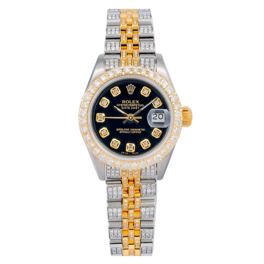 Rolex Datejust 26MM 69173 Black Diamond Dial Diamond Bezel Two Tone Yellow Gold Full Diamond Jubilee Bracelet