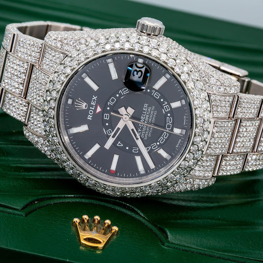 Rolex Sky-Dweller 42MM 326934 Black Dial Diamond Bezel Stainless Steel Full Diamond Oyster Bracelet 25ct