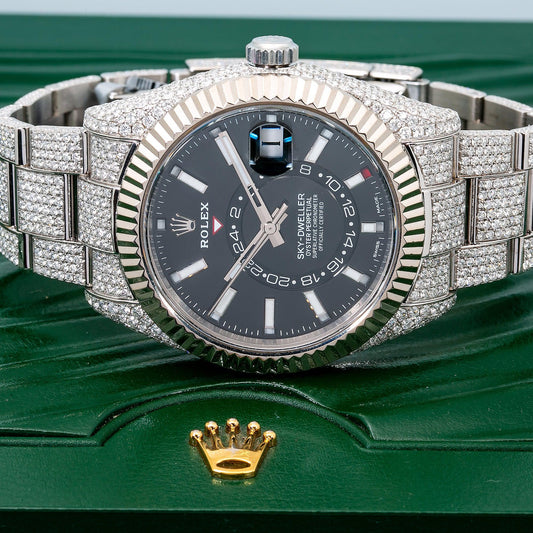 Rolex Sky-Dweller 42MM 326934 Black Dial Fluted Bezel Stainless Steel Full Diamond Oyster Bracelet 22.25ct