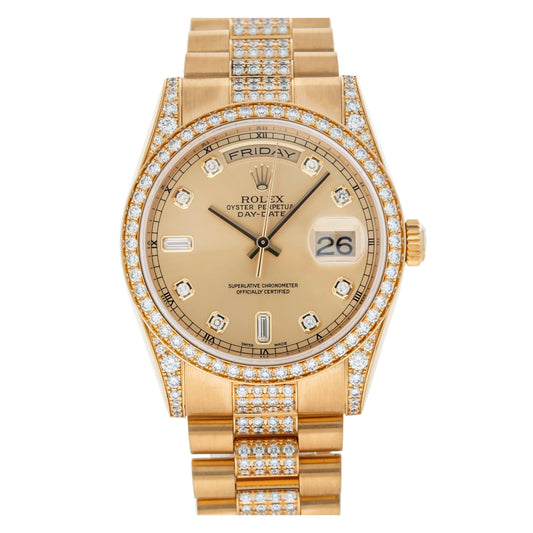 Rolex Day-Date 36MM 18038 Champagne Diamond Dial Diamond Bezel 18K Yellow Gold Semi Diamond President Bracelet