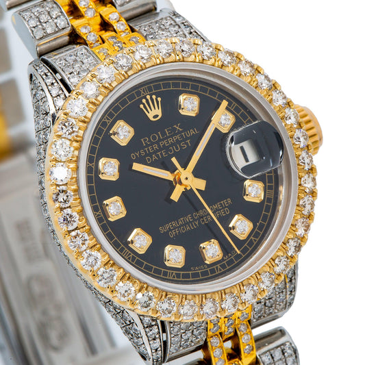Rolex Datejust 26MM 6516 Black Diamond Dial Diamond Bezel Two Tone Yellow Gold Full Diamond Jubilee Bracelet 6.25ct
