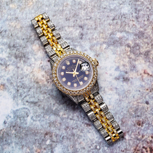 Rolex Datejust 26MM 6516 Black Diamond Dial Diamond Bezel Two Tone Yellow Gold Full Diamond Jubilee Bracelet 6.25ct