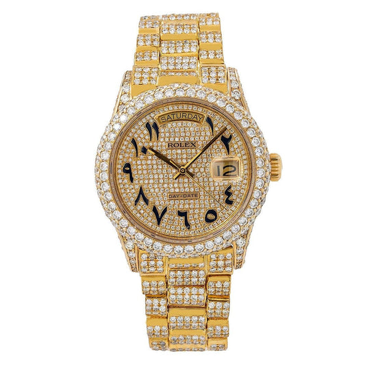 Rolex Day-Date 36MM 18038 Diamond Paved Eastern Arabic Dial Diamond Bezel 18K Yellow Gold Full Diamond President Bracelet 15.75ct