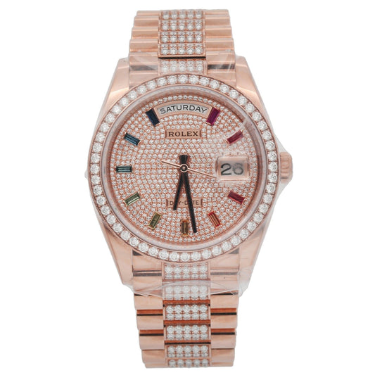 Rolex Day-Date 36MM 128345RBR Diamond Paved Rainbow Hour Dial Diamond Bezel 18K Rose Gold Semi Diamond President Bracelet