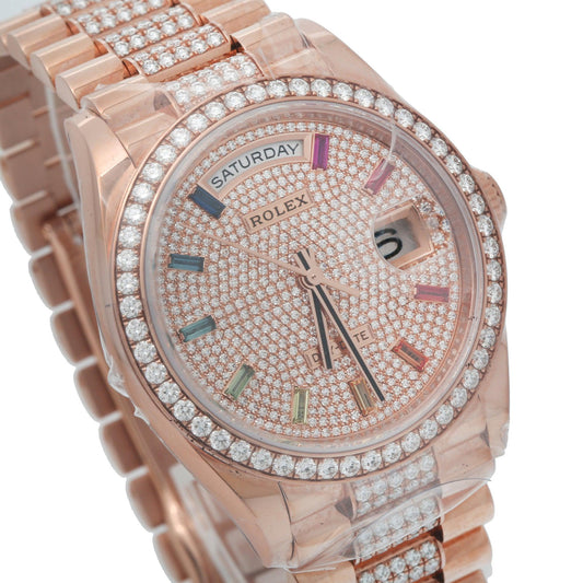 Rolex Day-Date 36MM 128345RBR Diamond Paved Rainbow Hour Dial Diamond Bezel 18K Rose Gold Semi Diamond President Bracelet