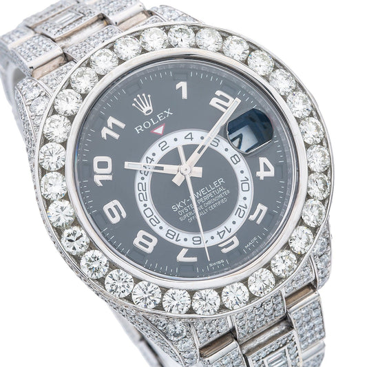 Rolex Sky-Dweller 42MM 326939 Black Arabic Dial Diamond Bezel 18K White Gold Full Diamond Oyster Bracelet 26.22ct