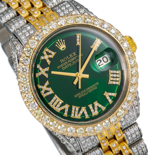 Rolex Datejust 36MM 1601 Green Roman Diamond Dial Diamond Bezel Two Tone Yellow Gold Full Diamond Jubilee Bracelet 8.25ct