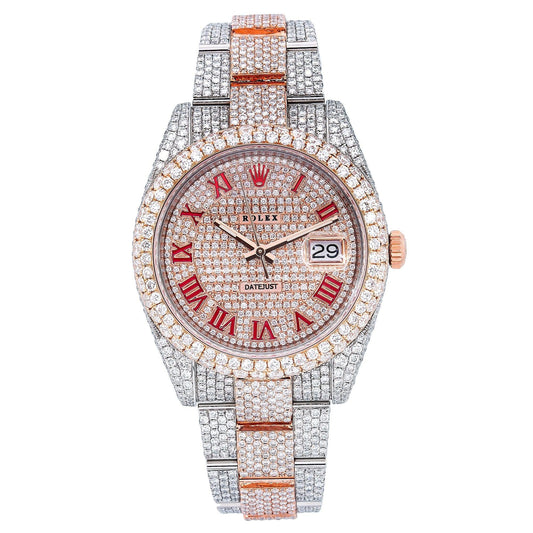 Rolex Datejust 41MM 126331 Diamond Paved Red Roman Dial Diamond Bezel Two Tone Rose Gold Full Diamond Oyster Bracelet