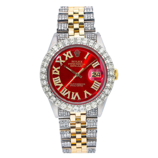 Rolex Datejust 36MM 1601 Red Roman Diamond Dial Diamond Bezel Two Tone Yellow Gold Semi Diamond Jubilee Bracelet