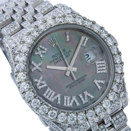 Rolex Datejust 36MM 116234 Black Mother of Pearl Roman Diamond Dial Diamond Bezel Stainless Steel Full Diamond Jubilee Bracelet 11.25ct