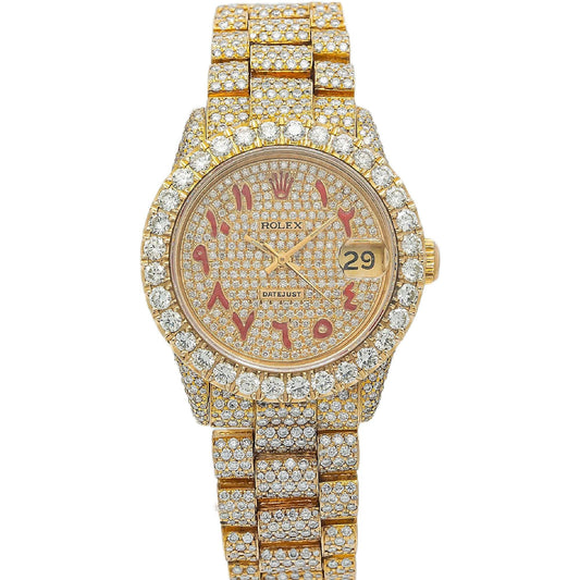 Rolex Datejust 31MM 6827 Diamond Paved Red Eastern Arabic Dial Diamond Bezel 18K Yellow Gold Full Diamond President Bracelet