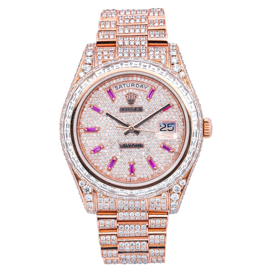 Rolex Day-Date II 41MM 218235 Diamond Paved Pink Dial Diamond Bezel 18K Rose Gold Full Diamond President Bracelet 26.25ct