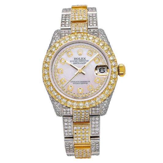 Rolex Datejust 31MM 178243 Mother of Pearl Diamond Dial Diamond Bezel Two Tone Yellow Gold Full Diamond Oyster Bracelet 12.25ct