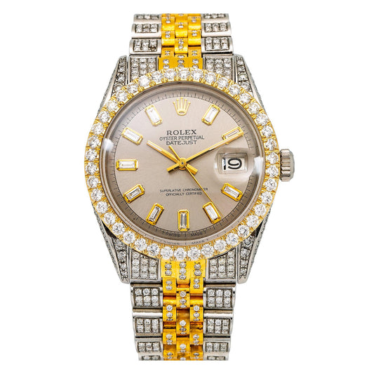 Rolex Datejust 36MM 1601 Slate Gray Baguette Diamond Dial Diamond Bezel Two Tone Yellow Gold Full Diamond Jubilee Bracelet 8.35ct