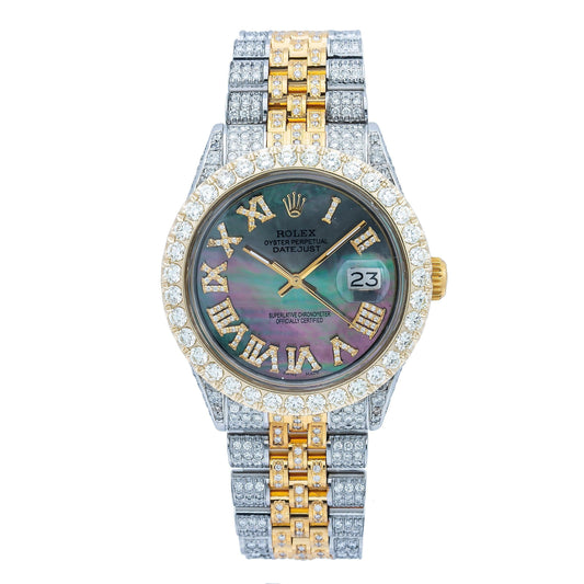 Rolex Datejust 36MM 1601 Black Mother of Pearl Roman Diamond Dial Diamond Bezel Two Tone Yellow Gold Full Diamond Jubilee Bracelet 8.25ct