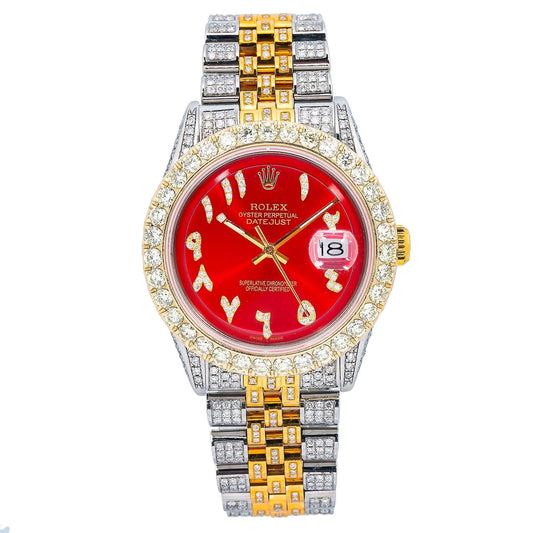 Rolex Datejust 36MM 1601 Red Eastern Arabic Diamond Dial Diamond Bezel Two Tone Yellow Gold Full Diamond Jubilee Bracelet 8.75ct