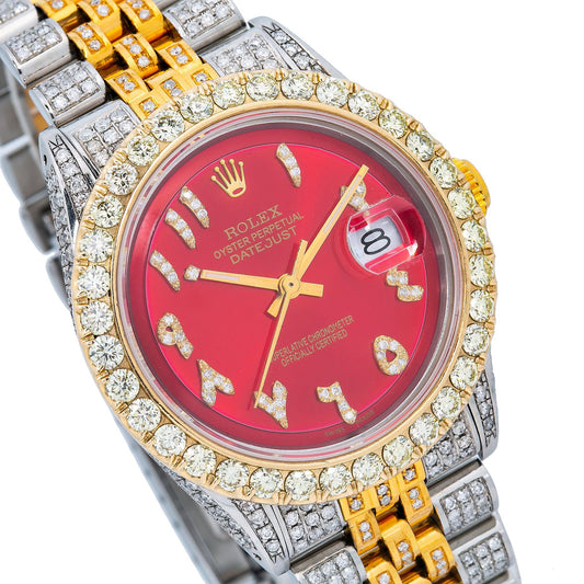 Rolex Datejust 36MM 1601 Red Eastern Arabic Diamond Dial Diamond Bezel Two Tone Yellow Gold Full Diamond Jubilee Bracelet 8.75ct