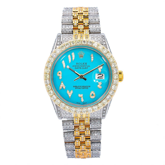 Rolex Datejust 36MM 1601 Turquoise Eastern Arabic Diamond Dial Diamond Bezel Two Tone Yellow Gold Full Diamond Jubilee Bracelet 8.75ct