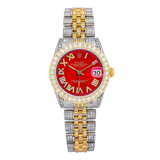 Rolex Datejust 31MM 6827 Red Roman Diamond Dial Diamond Bezel Two Tone Yellow Gold Full Diamond Jubilee Bracelet 7.25ct