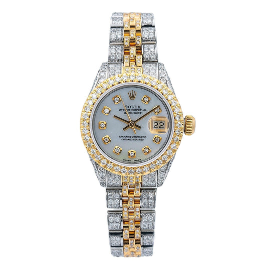 Rolex Datejust 26MM 69173 Mother of Pearl Diamond Dial Diamond Bezel Two Tone Yellow Gold Full Diamond Jubilee Bracelet 5.75ct
