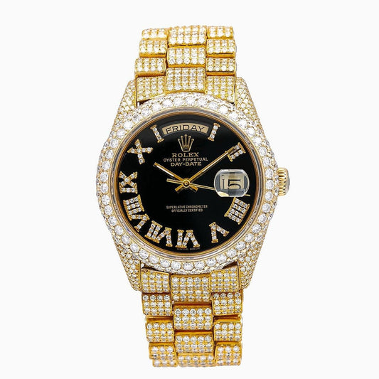 Rolex Day-Date 36MM 18038 Diamond Paved Black Roman Diamond Dial Diamond Bezel 18K Yellow Gold Full Diamond President Bracelet 23.25ct