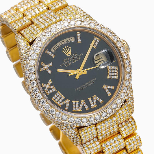 Rolex Day-Date 36MM 18038 Diamond Paved Black Roman Diamond Dial Diamond Bezel 18K Yellow Gold Full Diamond President Bracelet 23.25ct