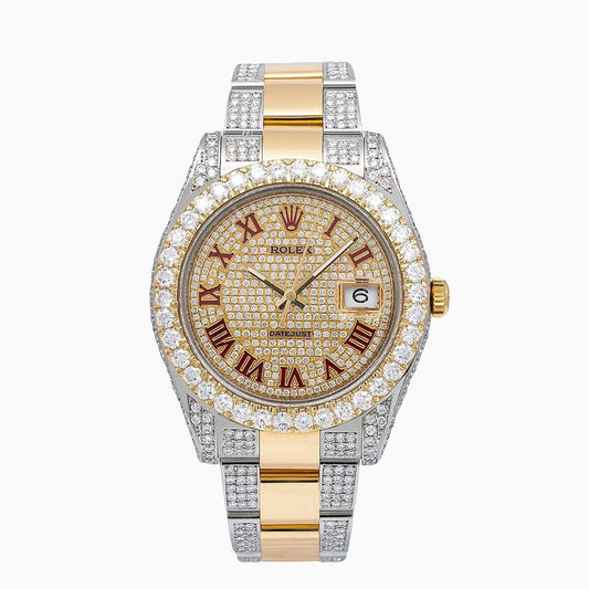 Rolex Datejust 41MM 116333 Diamond Paved Red Roman Dial Diamond Bezel Two Tone Yellow Gold Semi Diamond Oyster Bracelet 11.75ct