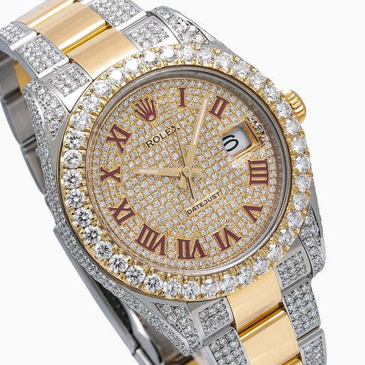 Rolex Datejust 41MM 116333 Diamond Paved Red Roman Dial Diamond Bezel Two Tone Yellow Gold Semi Diamond Oyster Bracelet 11.75ct