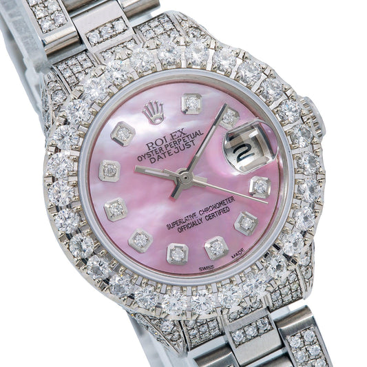 Rolex Datejust 26MM 6916 Pink Mother of Pearl Diamond Dial Diamond Bezel Stainless Steel Full Diamond Oyster Bracelet 6.95ct