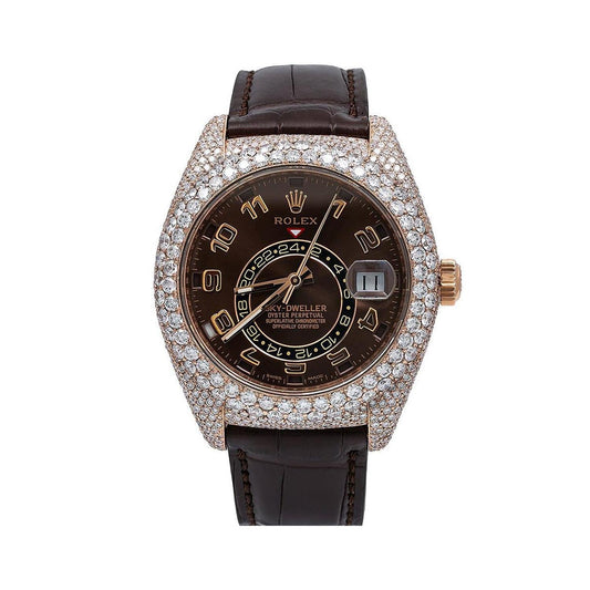 Rolex Sky-Dweller 42MM 326135 Chocolate Arabic Dial Diamond Bezel Brown Leather Strap 15.75ct