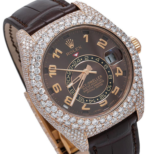 Rolex Sky-Dweller 42MM 326135 Chocolate Arabic Dial Diamond Bezel Brown Leather Strap 15.75ct