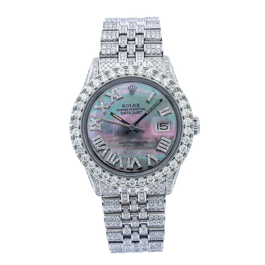 Rolex Datejust 36MM 1601 Black Mother of Pearl Roman Diamond Dial Diamond Bezel Stainless Steel Full Diamond Jubilee Bracelet 8.25ct
